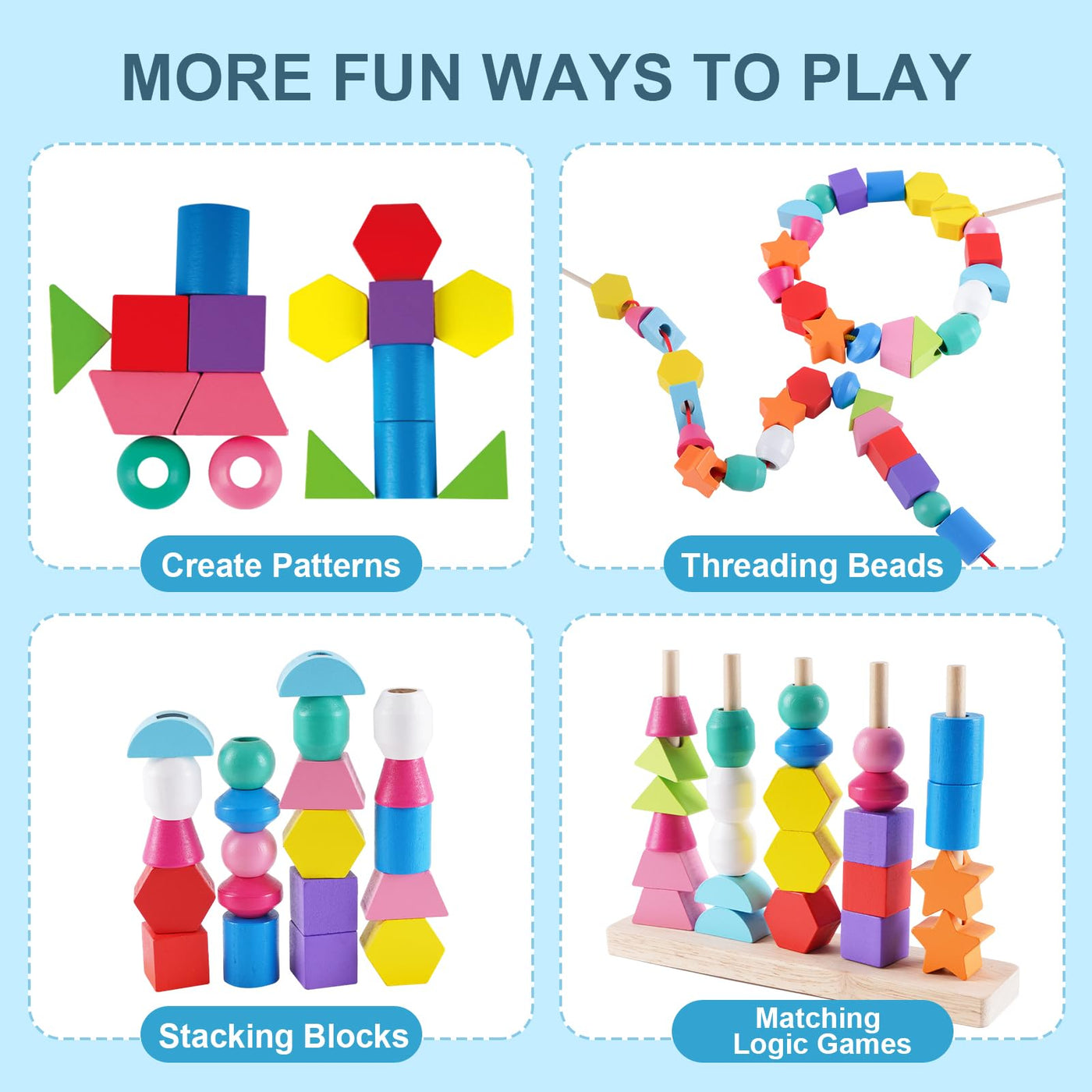 Montessori Spielzeug ab 3 4 5 Jahre, Holzspielzeug Steckspiel Fädelspiel Bausteine Sortierspiel für Kinder, Holz Stapelspiel Feinmotorik Motorikspielzeug Lernspiele Geschenk für Baby Junge Mädchen