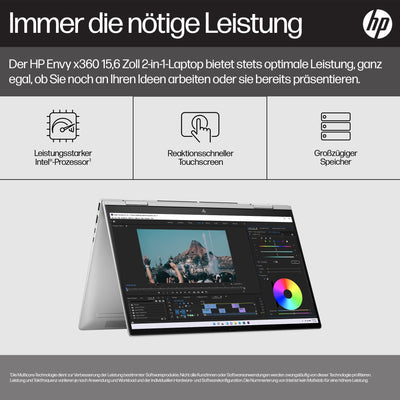 HP Envy x360 2-in-1 Laptop, 15,6" FHD OLED Touchdisplay, Intel Core i7-1355U, Intel Evo, 16 GB DDR5 RAM, 512 GB SSD, Intel Iris Xe, Windows 11 Home, QWERTZ Tastatur, Silver [Exklusiv bei Amazon]