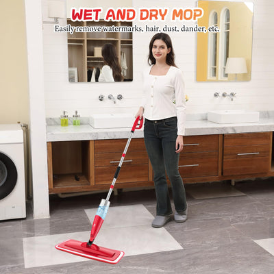 NileHome mop mit Sprühfunktion，Wischmopp staubdichter Mopp mit 2-waschbaren Pads und 480ml nachfüllbarer Flasche, Haushalts- oder Gewerbemopp, Nassmopp für Hartholzverbundfliesen