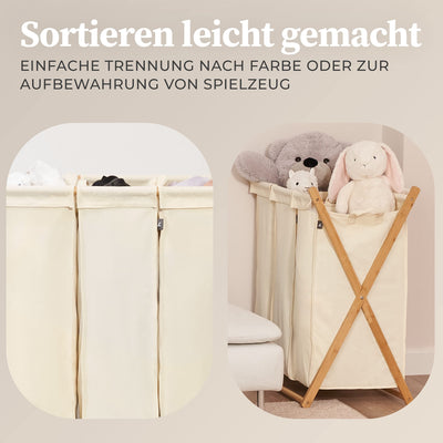 Hennez Wäschesammler XXL - Wäschekorb 3 Fächer - Wäschesortierer Wäschebox - Holz - Wäschetrenner Beige - Wäsche Sortiersystem Bambus - Wäschkorb - Laundry Basket