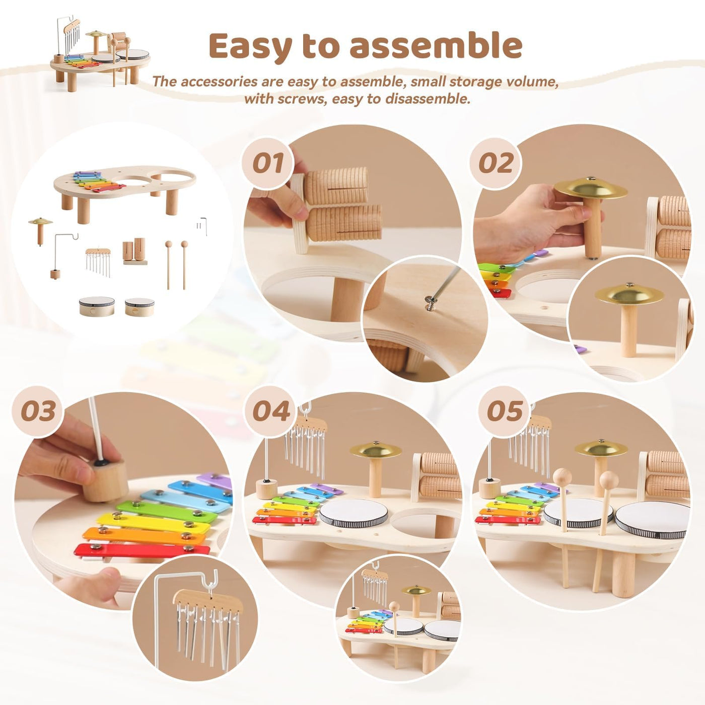 Mamimami Home Musikinstrumente für Kinder ab 1 Jahr ,Trommel Set ,Montessori Lernspielzeug Schlagzeug Mit Xylophon Baby Holz,7 In 1,Musical Spielzeug