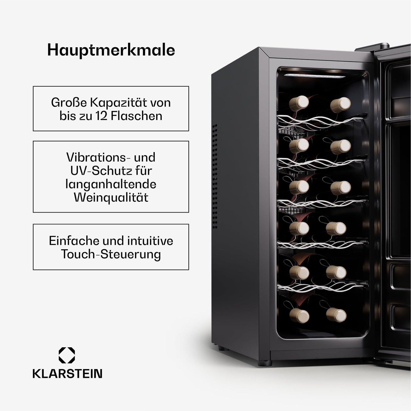 Klarstein Freistehender Weinkühlschrank 1 Zone, Getränkekühlschrank Klein, Kleiner Weinschrank, Wein-Kühlschrank Klein mit Glastür, Indoor/Outdoor Flaschenkühlschrank, Wine Fridge, 12 Flaschen