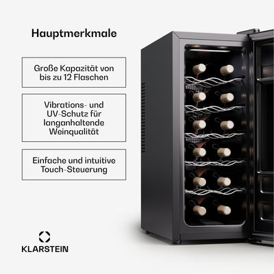 Klarstein Freistehender Weinkühlschrank 1 Zone, Getränkekühlschrank Klein, Kleiner Weinschrank, Wein-Kühlschrank Klein mit Glastür, Indoor/Outdoor Flaschenkühlschrank, Wine Fridge, 12 Flaschen
