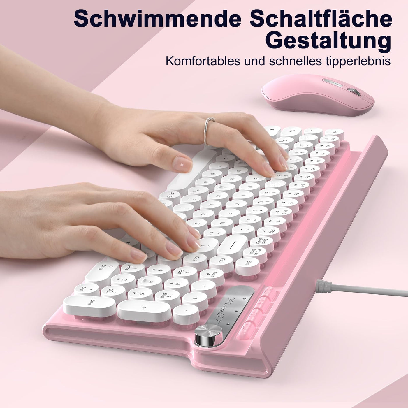 Tastatur Maus Set,RaceGT Tastatur Rosa Retro Schreibmaschine Tastatur Bunt Maus und Tastatur mit Handyhalterung Tastaturen Tastatur Kabel Keyboard für PC Mac Computer Laptop QWERTZ Deutsch