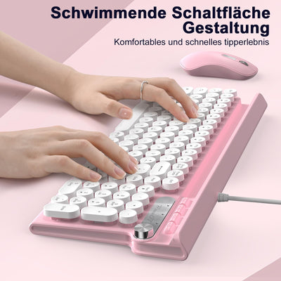 Tastatur Maus Set,RaceGT Tastatur Rosa Retro Schreibmaschine Tastatur Bunt Maus und Tastatur mit Handyhalterung Tastaturen Tastatur Kabel Keyboard für PC Mac Computer Laptop QWERTZ Deutsch