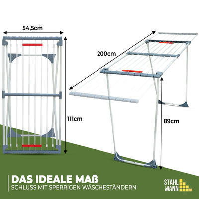 STAHLMANN ® Wäscheständer ausziehbar [20M Trockenfläche ] Made IN EU - Wäscheständer XXL - Wäscheständer mit Klemmen für kleine Wäschestücke - Wäscheständer platzsparend