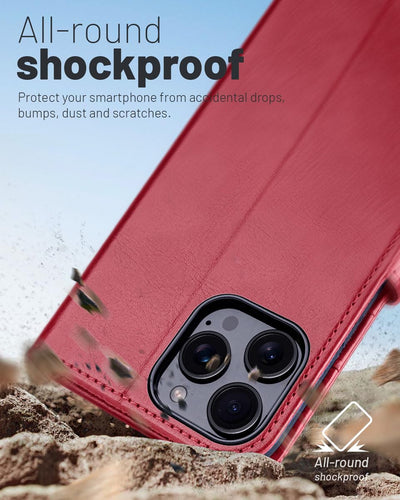 OCASE iPhone 16 Pro Max Hülle Handyhülle Premium PU Leder, Kartenfach Standfunktion, RFID Rohutzhülle Klapphülle Handytasche Lederhülle Kompatibel für iPhone 16 Pro Max (6,9 Zoll) Rot