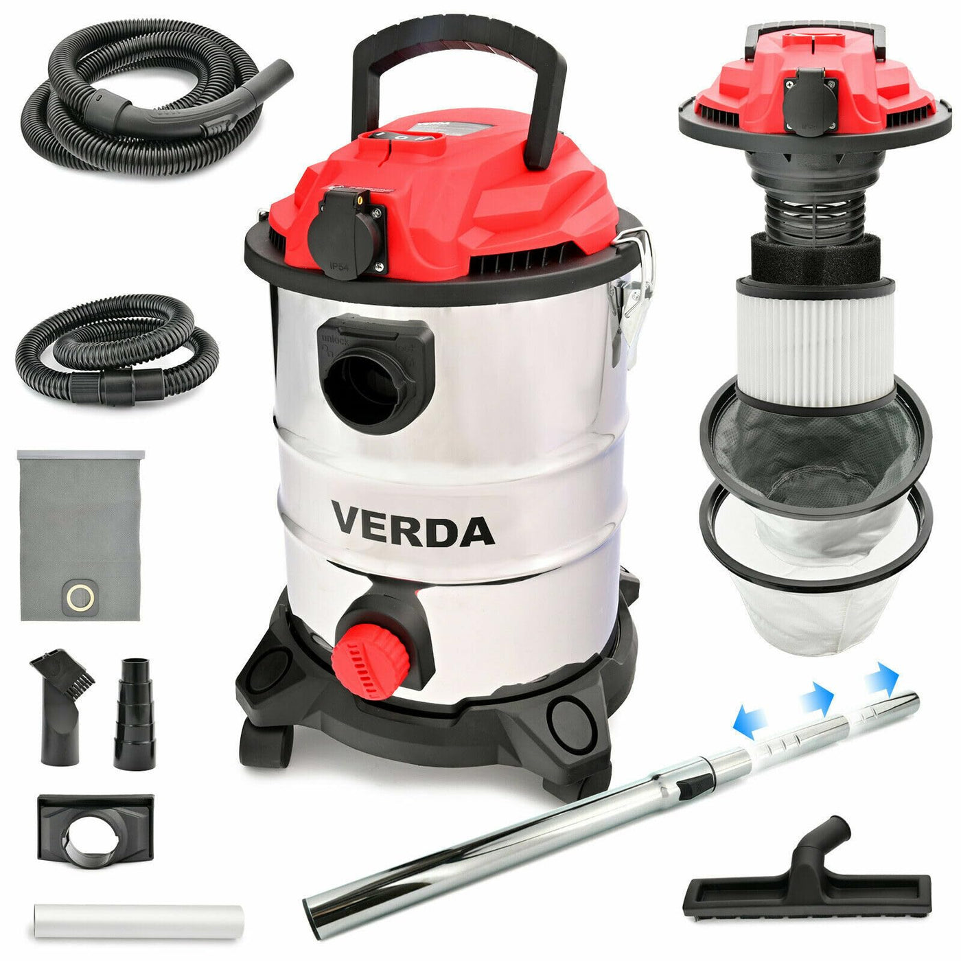 Verda Nass- und Trockensauger 1650W Industriesauger + Steckdose + Wasserablass + Blasfunktion Aschesauger für Kamin und Pelletofen 25 Liter Metallbehälter Edelstahltank [SN196]