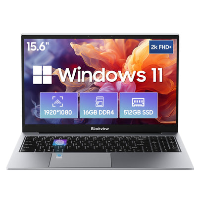 Blackview Laptop 15,6" FHD+ Notebook, 16GB DDR4 512GB SSD + TF, 3.6GHz Processor N97/UHD Graphics, Windows 11, 38Wh, QWERTY, HDMI 2.0, Bluetooth, USB 3.0, Fingerabdruck. FaceID, WLAN 5G