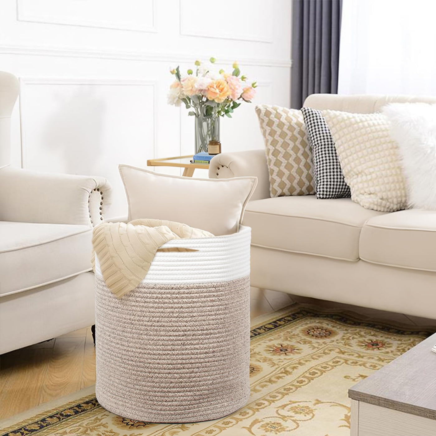 SYLANDO Waschekorb aus Baumwolle mit Griffen, Aufbewahrungskorb Geflochten, Laundry Baskets, Korb Aufbewahrung für decken, spielzeug, kuscheltier,Kleidung (Braun-H40)