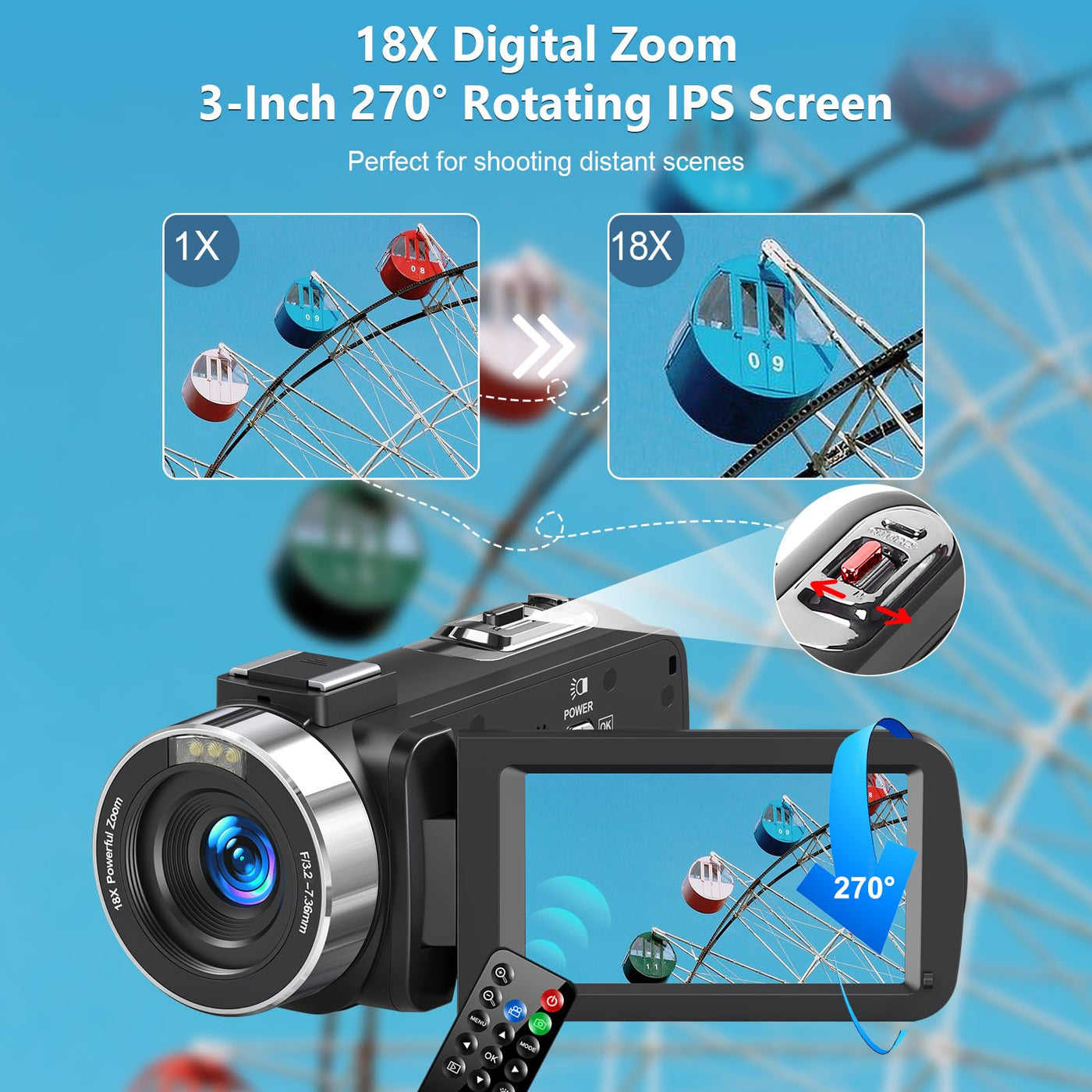 Videokamera 4K 80MP Camcorder für YouTube,30FPS Webcam IR Nachtsicht Vlogging Kamera,18X Digitalzoom 3,0 270°IPS Bildschirm Video Camera mit SD Karte, 2 Batterien, Fernbedienung, und Handstabilisator