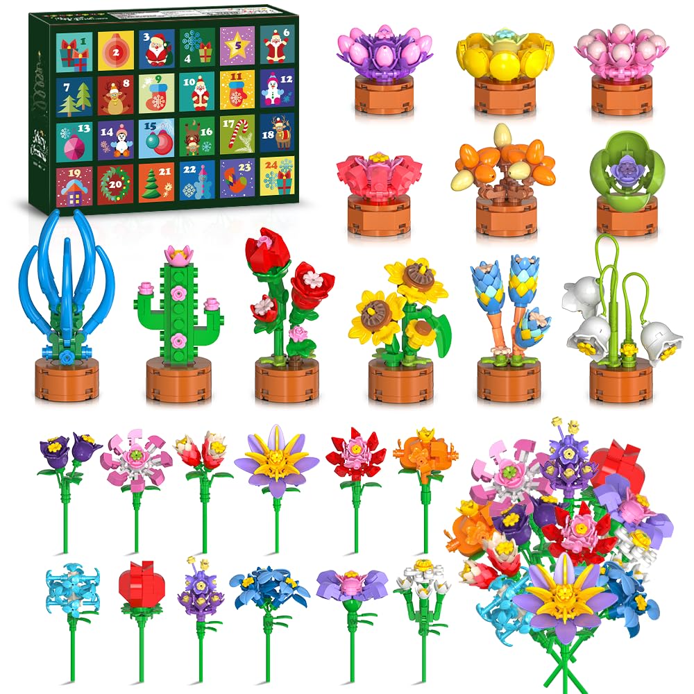 HOGOKIDS Adventskalender 2025 Blumen 3.6 Mini Bausatz - 24 Tage Weihnachten Countdown Sukkulenten Botanische Bauspielzeug, Adventskalender Bausteine Geschenk für Erwachsene Kinder Jungen Mädchen 6+