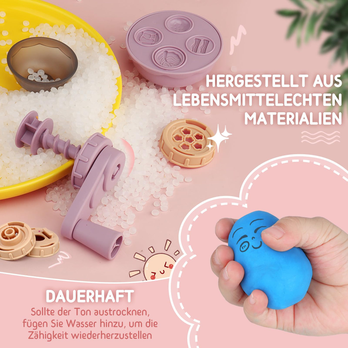 JONRRYIN Knete Set für Kinder, 65 Stück Knete Zubehör Knetwerkzeug mit 12 Modelliermasse, Kreatives Kinderknete Dough Nudelmaschine Spielset Geschenk für Mädchen & Junge (Rosa)