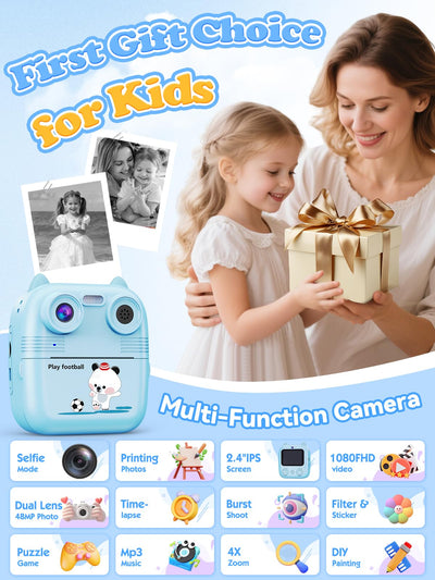 Sofortbildkamera Kinder, 1080FHD 48MP Dual-Kameraobjektive Kinderkamera, mit 4 Druckpapier 2,4 Zoll Augenschutz Bildschirm 32GB Karte Digitalkamera Geschenke für Jungen & Mädchen von 3-12 Jahren