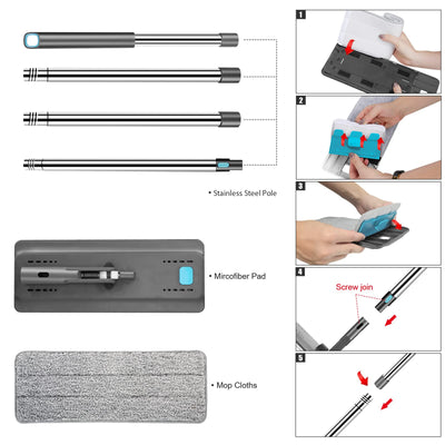 MASTERTOP Wischmopp Set mit Eimer, Bodenwischer Set mit 6 Mikrofaser Wischpads und Edelstahlgriff, 2 in 1 Putzeimer mit Wischmop, Wischer mit Auswringfunktionfür Alle Bodentypen, Grau+Blau