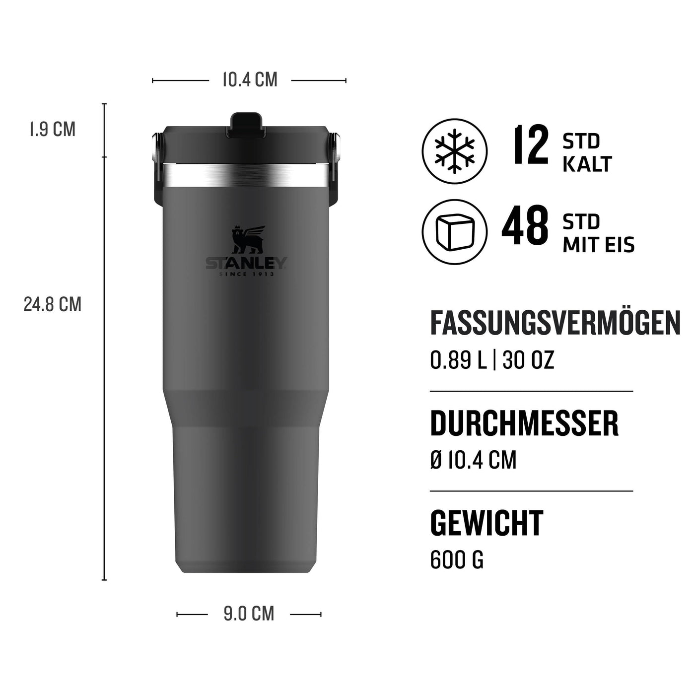 Stanley IceFlow Flip Straw Trinkflasche mit Strohhalm 0.89L - Thermosflasche Hält 12+ Stunden Kalt - Auslaufsicher - Trinkflasche Sport - Wasserflasche BPA Frei - Spülmaschinenfest - Charcoal