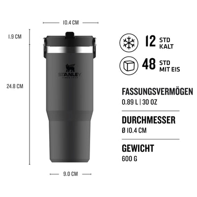 Stanley IceFlow Flip Straw Trinkflasche mit Strohhalm 0.89L - Thermosflasche Hält 12+ Stunden Kalt - Auslaufsicher - Trinkflasche Sport - Wasserflasche BPA Frei - Spülmaschinenfest - Charcoal