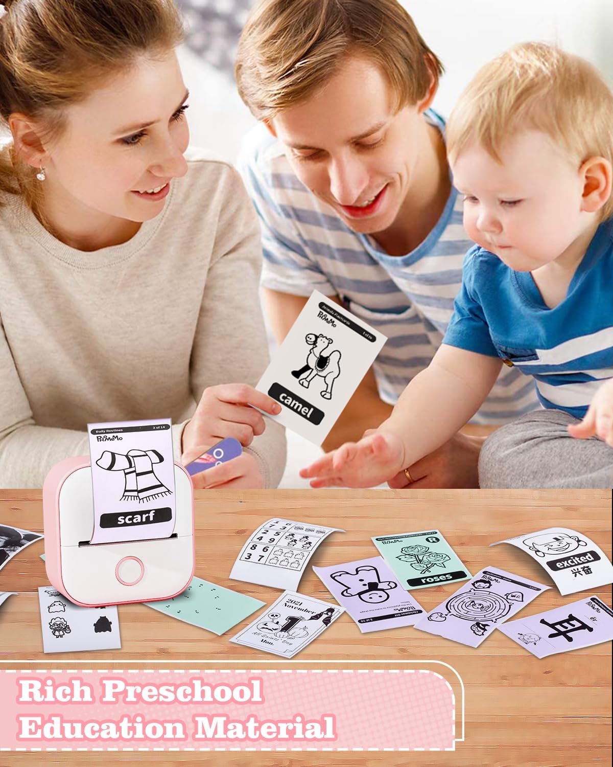 Memoking Mini Aufkleberdrucker - T02 Kleiner Thermodrucke, Tragbarer Kabelloser Notizdrucker mit 3 Rollen Papier für Kindertag, Geburtstag, Kompatibel mit iOS & Android (Rosa)