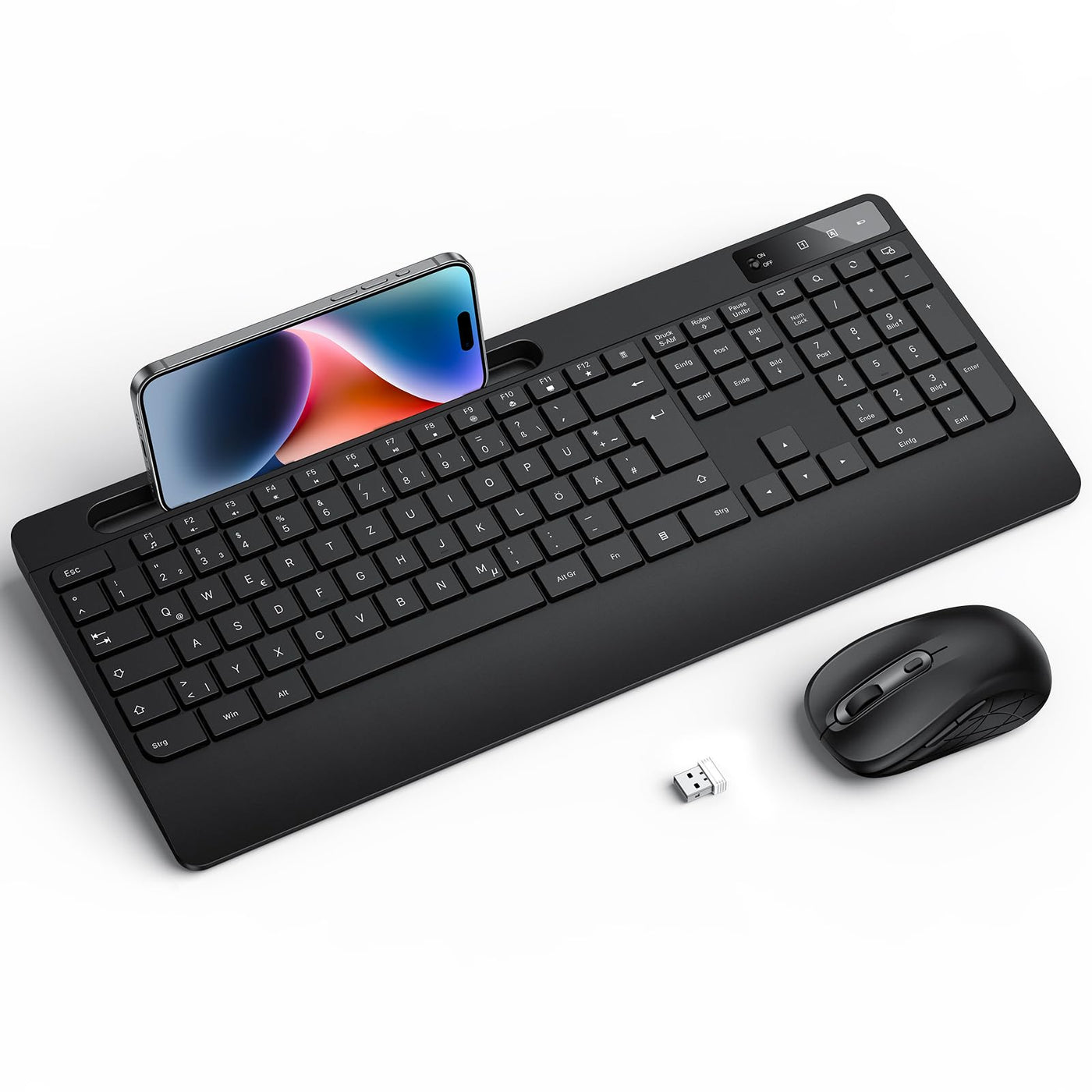 Tastatur Maus Set Kabellos - OMOTON Ergonomische Kabellos Tastatur QWERTZ Deutsche Mit Handgelenkauflage, Funk Tastatur Leise 2.4G USB Wireless Keyboard and Mouse Set für PC/Windows- Schwarz