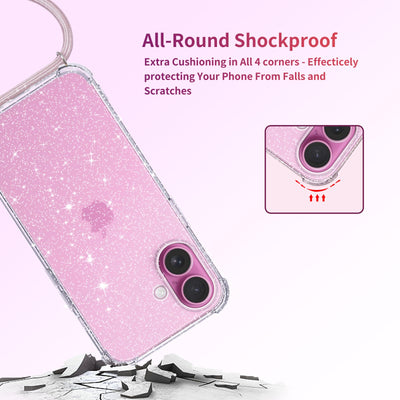 Tikgue Handykette für iPhone 16 Hülle mit Band, Handyhülle mit Kordel zum Umhängen Schutzhülle mit Kette Glitzer Transparent Weich TPU Silikon Bumper - Roségold