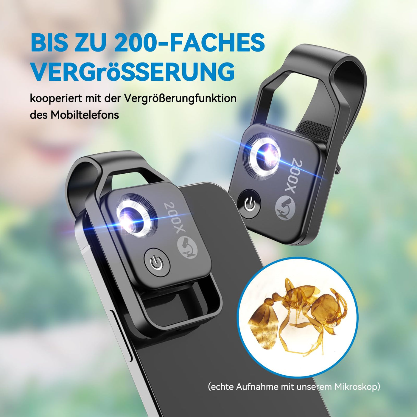 Evil eye 200 x Telefonmikroskop für Kinder Mini-Mikroskop mit CPL 2 Helligkeitsmodi Keine App erforderlich für Microworld