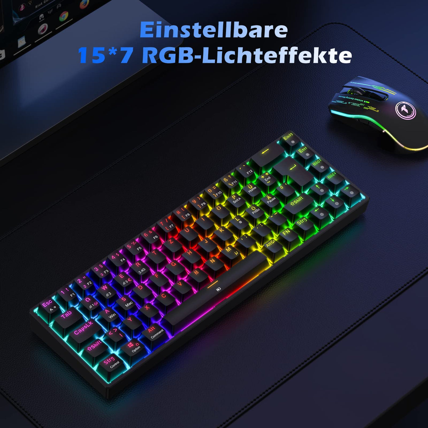 TECURS Gaming Tastatur Kabellos, Mechanische Tastatur RGB QWERTZ (German Layout) mit Rote Schalter für PC Gamer und Arbeits, 65% TKL Gaming Keyboard für PS4 /PS5/Laptop/Xbox One, Schwarz