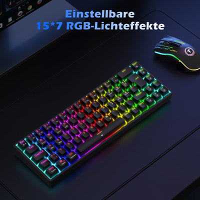 TECURS Gaming Tastatur Kabellos, Mechanische Tastatur RGB QWERTZ (German Layout) mit Rote Schalter für PC Gamer und Arbeits, 65% TKL Gaming Keyboard für PS4 /PS5/Laptop/Xbox One, Schwarz