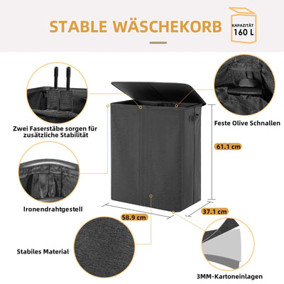 Wäschekorb Mit Deckel, 160L Extra Große Wäschekorb 3 Fächer Schmutzige Kleidung Hampers Für Wäsche Geteilt Wäschekorb Veranstalter Für Schlafzimmer, Dunkelgrau
