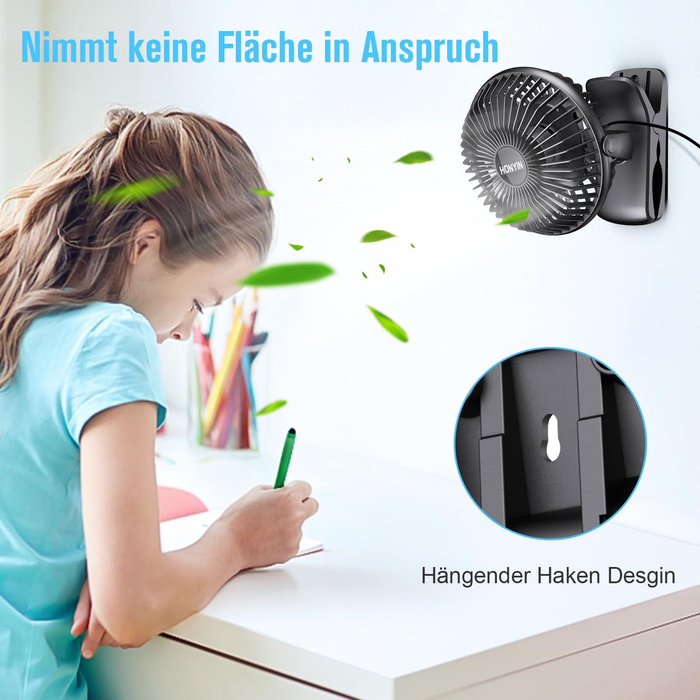 HONYIN Mini Ventilator mit Clip, 720 Grad Drehung Kleiner USB Ventilator, Starke + Stabile Klammer, 3 Geschwindigkeitsstufen, Ideal als Tischventilator im Büro und Schlafzimme