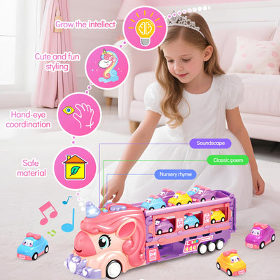 RoserRose Autotransporter Spielzeug ab 2 3 4 5 Jahre Mädchen, Einhorn Transport Truck Autotransporter mit Licht Musik und Rennbahn, LKW mit Autos Spielzeug Kinderspielzeug ab 2 Jahre Mädchen Geschenk