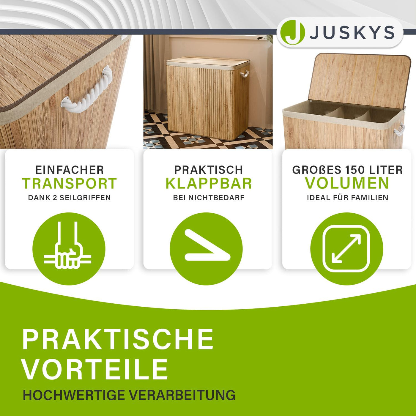 Juskys Bambus Wäschekorb Curly Natur 150L - Hygienischer Wäschekorb mit Deckel, Tragegriff & Wäschesack - 3 Fächer - Natürliche Bambus Optik