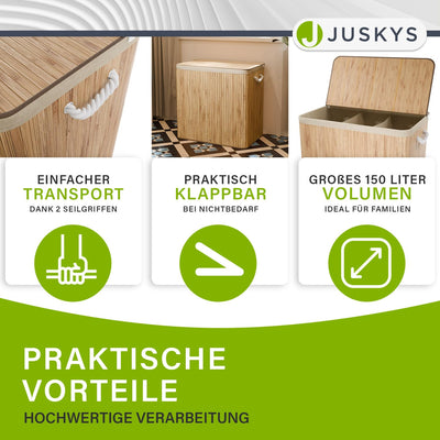 Juskys Bambus Wäschekorb Curly Natur 150L - Hygienischer Wäschekorb mit Deckel, Tragegriff & Wäschesack - 3 Fächer - Natürliche Bambus Optik