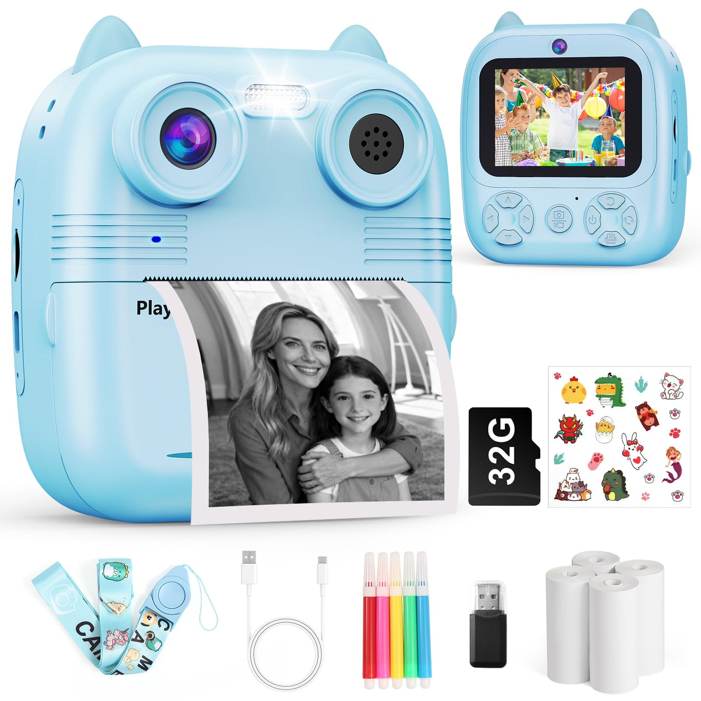 Sofortbildkamera Kinder, 1080FHD 48MP Dual-Kameraobjektive Kinderkamera, mit 4 Druckpapier 2,4 Zoll Augenschutz Bildschirm 32GB Karte Digitalkamera Geschenke für Jungen & Mädchen von 3-12 Jahren