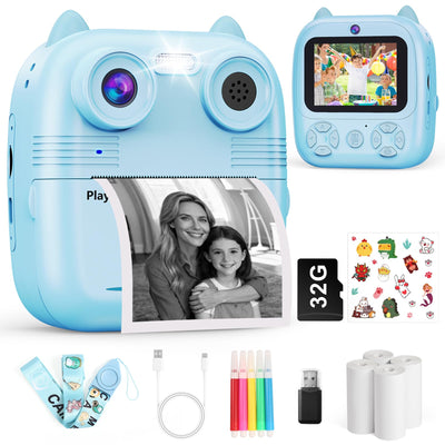 Sofortbildkamera Kinder, 1080FHD 48MP Dual-Kameraobjektive Kinderkamera, mit 4 Druckpapier 2,4 Zoll Augenschutz Bildschirm 32GB Karte Digitalkamera Geschenke für Jungen & Mädchen von 3-12 Jahren