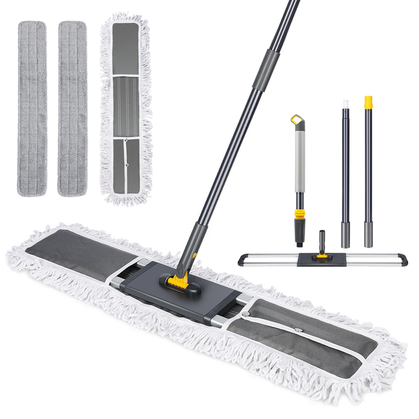 HEVOL Bodenwischer 90cm Breit | Wischmopp mit 154cm Edelstahlgriff & 360°Drehkopf | Industrieller Flachmopp für Haushalt, Büro, Hotel, Mall & Garage | Inkl. 1 Baumwollpad + 2 Mikrofaserpads