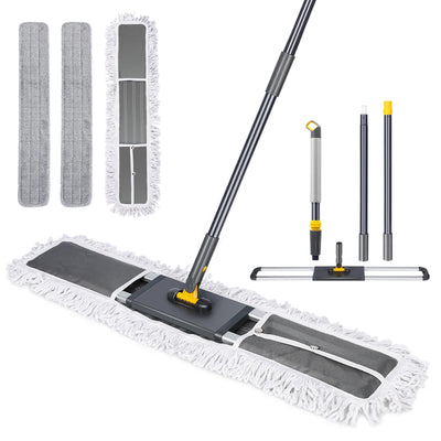 HEVOL Bodenwischer 90cm Breit | Wischmopp mit 154cm Edelstahlgriff & 360°Drehkopf | Industrieller Flachmopp für Haushalt, Büro, Hotel, Mall & Garage | Inkl. 1 Baumwollpad + 2 Mikrofaserpads