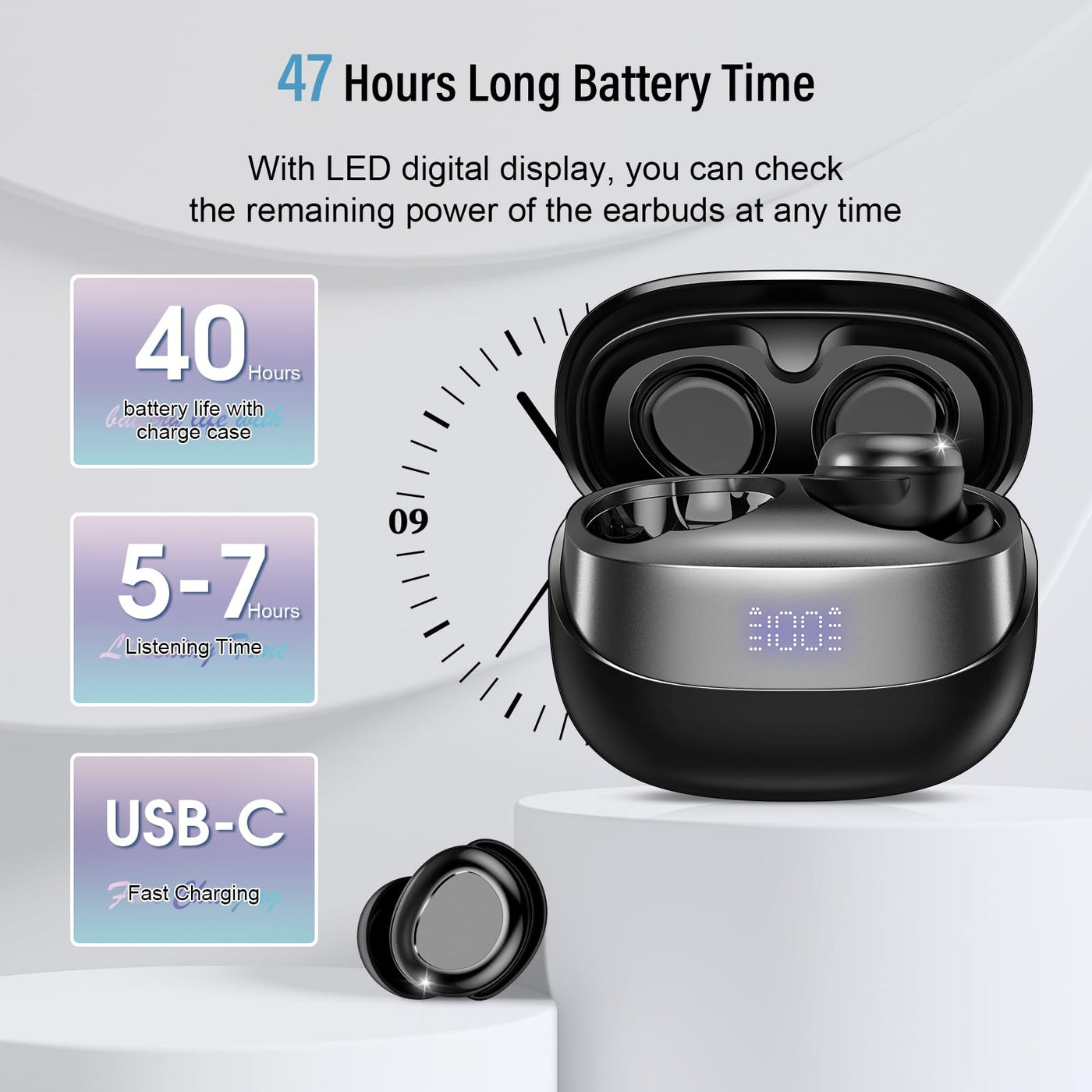 DUSONLAP Bluetooth Kopfhörer, Mini In Ear Kopfhörer Kabellos Bluetooth 5.4 HiFi Immersiv Sound, 47Std Spielzeit Schlafkopfhörer mit Passiver Geräuschmaskierung, LED-Anzeige, IPX7 Wasserdichte Ohrhörer