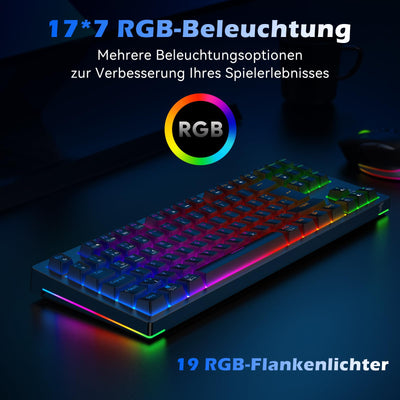 TECURS Gaming Tastatur - Mechanische Tastatur Kabellos Programmierbare 80% TKL QWERTZ mit Rote Schalter, RGB-Beleuchtung, Multimedia-Tasten, Mechanical Keyboard für PC/Mac/PS4/PS5, Schwarz