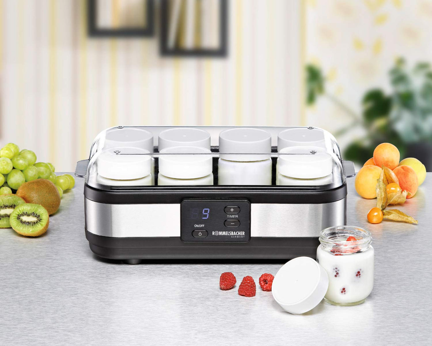 ROMMELSBACHER Joghurtbereiter JG 40 - für bis zu 1200 g Joghurt, LCD Display, 18 Stunden Zeitschaltuhr, automatische Abschaltung, elektronische Temperaturregelung, 8 Portionsgläser à 150 ml, 40 Watt