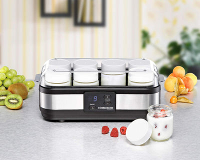 ROMMELSBACHER Joghurtbereiter JG 40 - für bis zu 1200 g Joghurt, LCD Display, 18 Stunden Zeitschaltuhr, automatische Abschaltung, elektronische Temperaturregelung, 8 Portionsgläser à 150 ml, 40 Watt