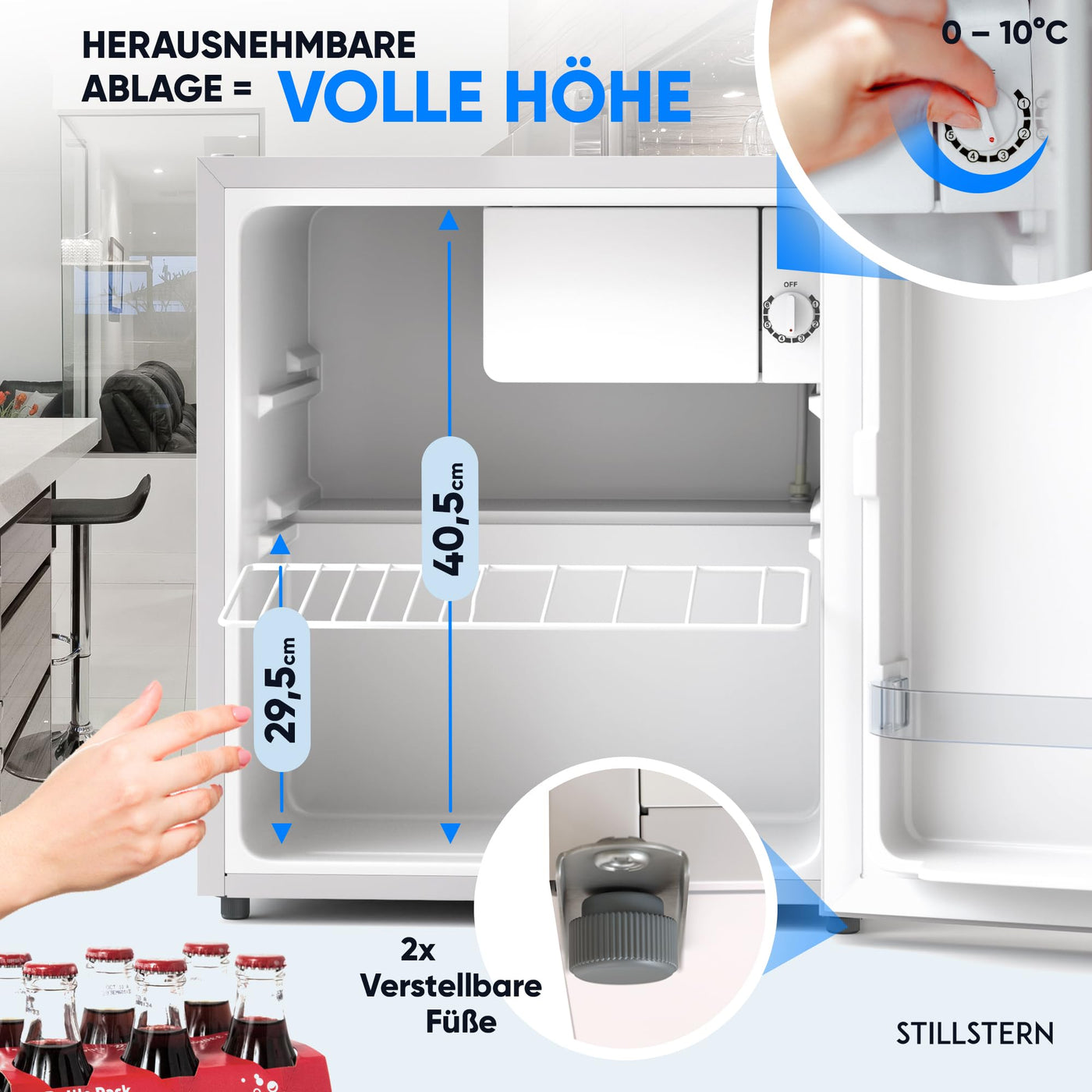 Stillstern Mini Kühlschrank E 45L mit Abtauautomatik, Schloss, Frostfach, Leise, Ideal für Küche, Büro, Schlafzimmer, Hotels und kleine Wohnungen Kühlschrank klein Minibar Getränkekühlschrank