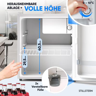 Stillstern Mini Kühlschrank E 45L mit Abtauautomatik, Schloss, Frostfach, Leise, Ideal für Küche, Büro, Schlafzimmer, Hotels und kleine Wohnungen Kühlschrank klein Minibar Getränkekühlschrank