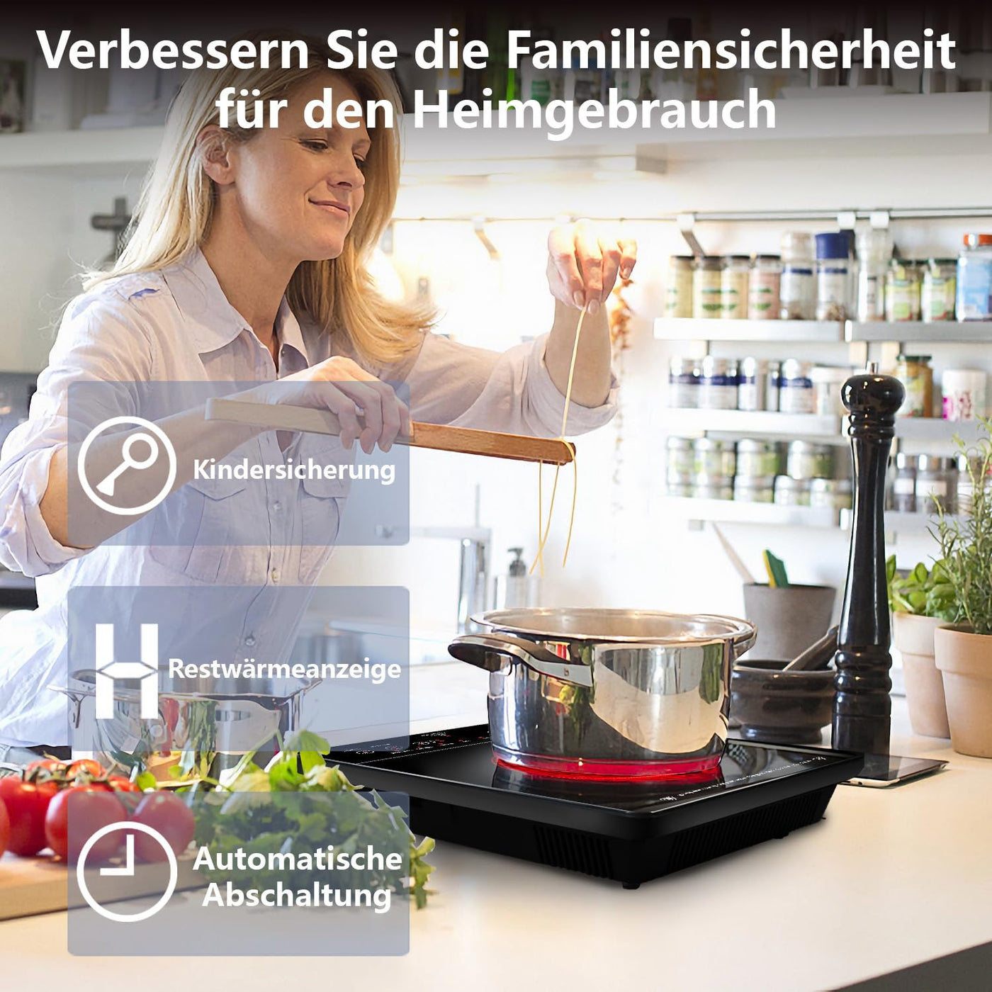 Karinear Glaskeramik Kochfeld 1 Platte Tragbar, 650 °C Max, Keramik Kochfeld Kochplatte 1er Freistehend, 2000W, Herdplatte 1 Kochfelder mit Stecker, Timer, Kindersicherung, Restwärmeanzeige, 220-240V