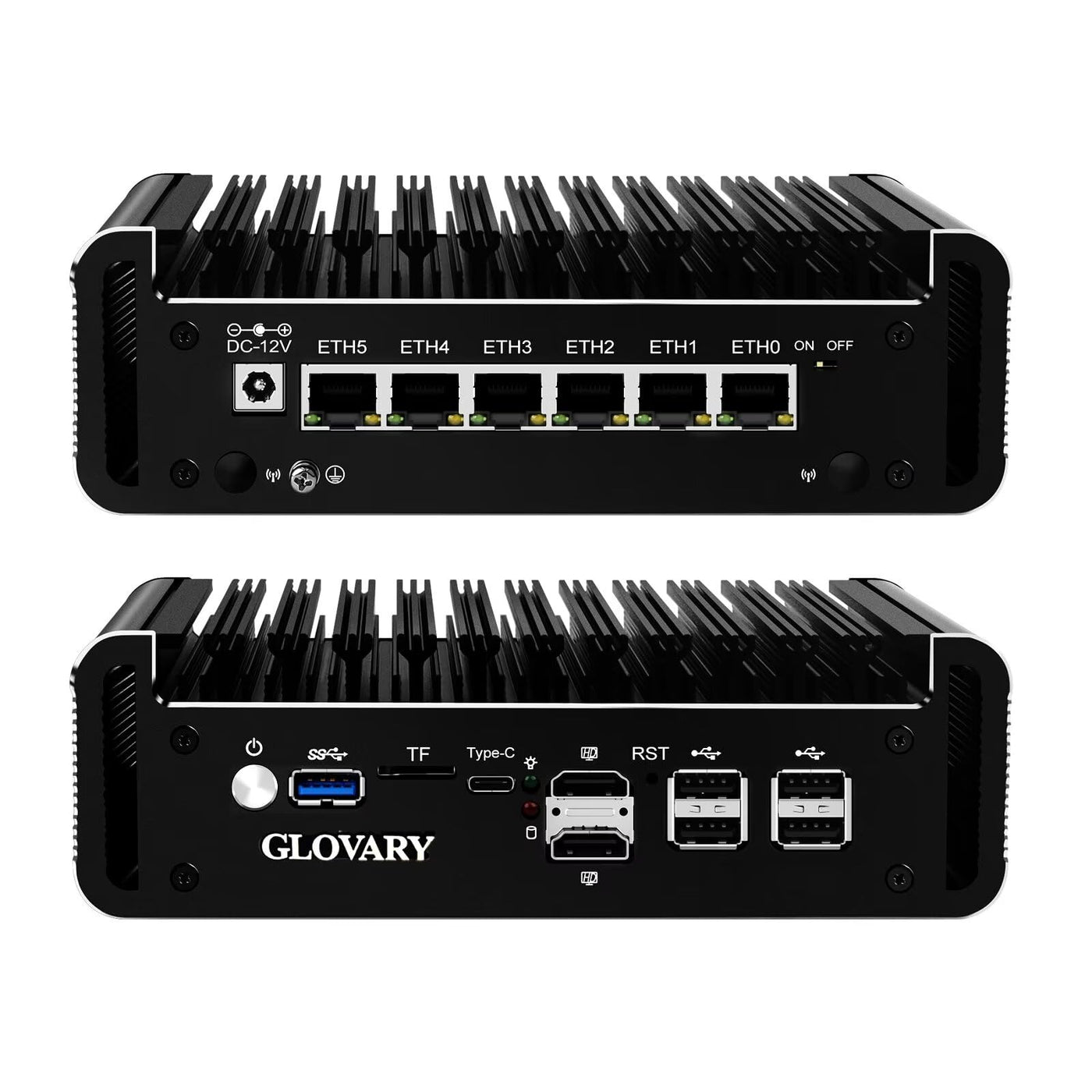 Glovary Firewall Mini PC Quad Core N100, DDR5 8GB RAM 128GB NVMe SSD, 6 x 2.5GbE i226V LAN Fanless Computer Hardware, Micro Router Appliance, AES-NI, OPNsense, TypeC Port, TF Card Slot