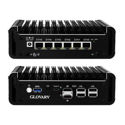 Glovary Firewall Mini PC Quad Core N100, DDR5 8GB RAM 128GB NVMe SSD, 6 x 2.5GbE i226V LAN Fanless Computer Hardware, Micro Router Appliance, AES-NI, OPNsense, TypeC Port, TF Card Slot