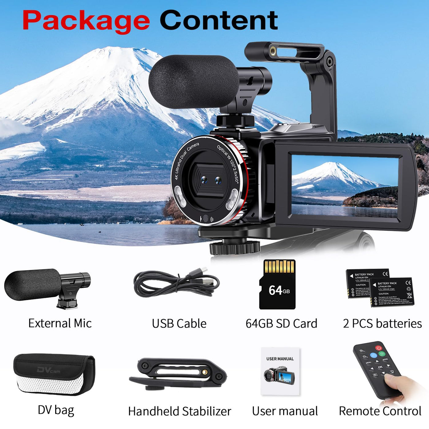 Videokamera 4K 64MP Camcorder Vlogging Kamera für YouTube,21X Digital Zoom, 3" 270° Drehbarer Screen Video Vlogging Dual Camera mit 64GB Karte, Mikrofon, Stabilisator, Fernbedienung,2 Batterien