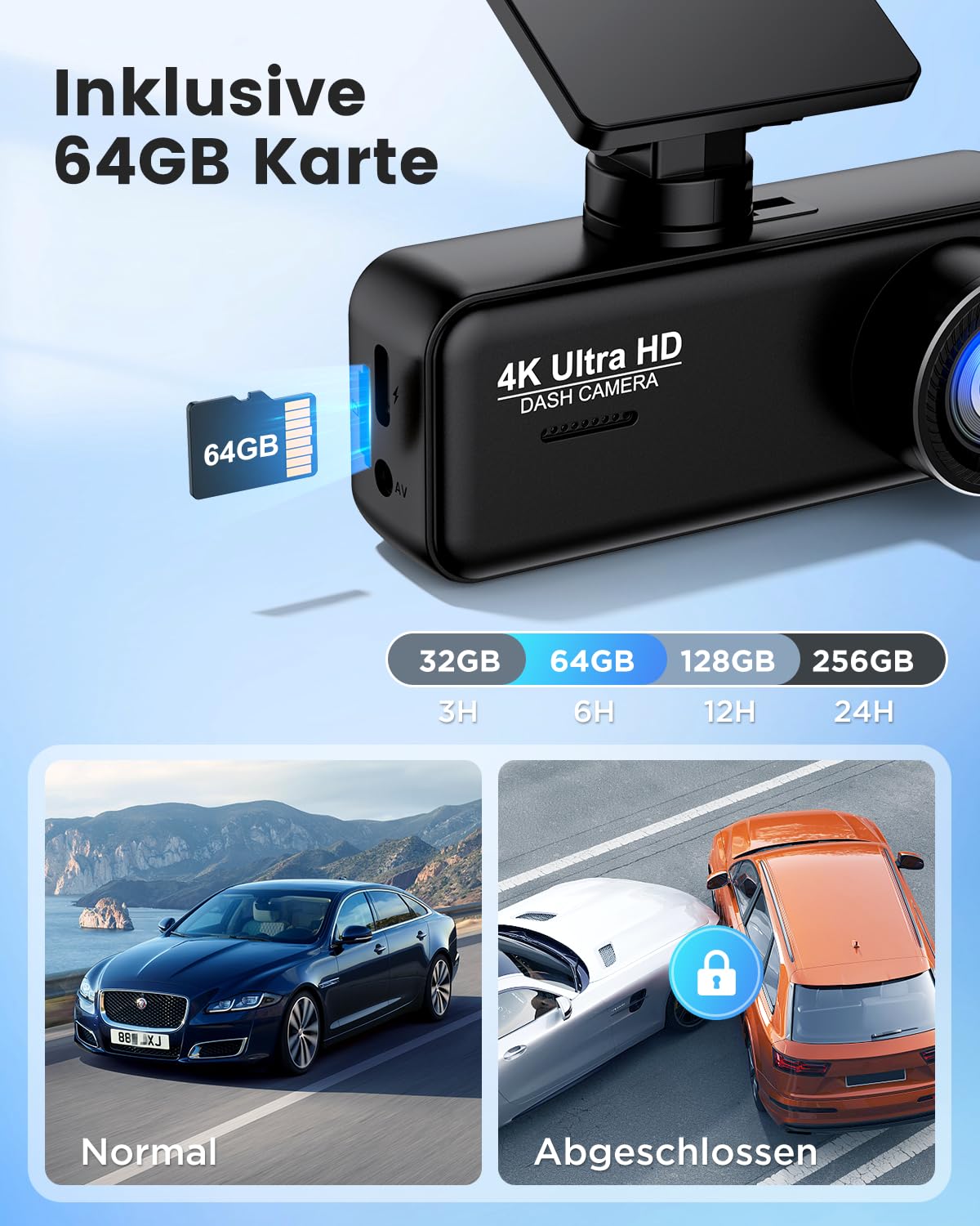 Dashcam Auto 4K+1080P SIGRILL Dashcam Auto Vorne Hinten, WiFi Dash Cam APP Steuerung, kostenlose 64-GB-Karte, Ultra Nachtsicht Daschcam, 24H Parkmodus, G-Sensor, Loop-Aufnahme, Max 256GB