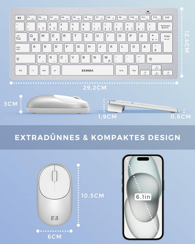seenda Funktastatur mit Maus, Kleine Tastatur Maus Set kabellos mit USB Empfänger für PC/Laptop/Desktop/TV, Ultradünne 70% Tastatur mit QWERTZ Layout, Weiß & Silber