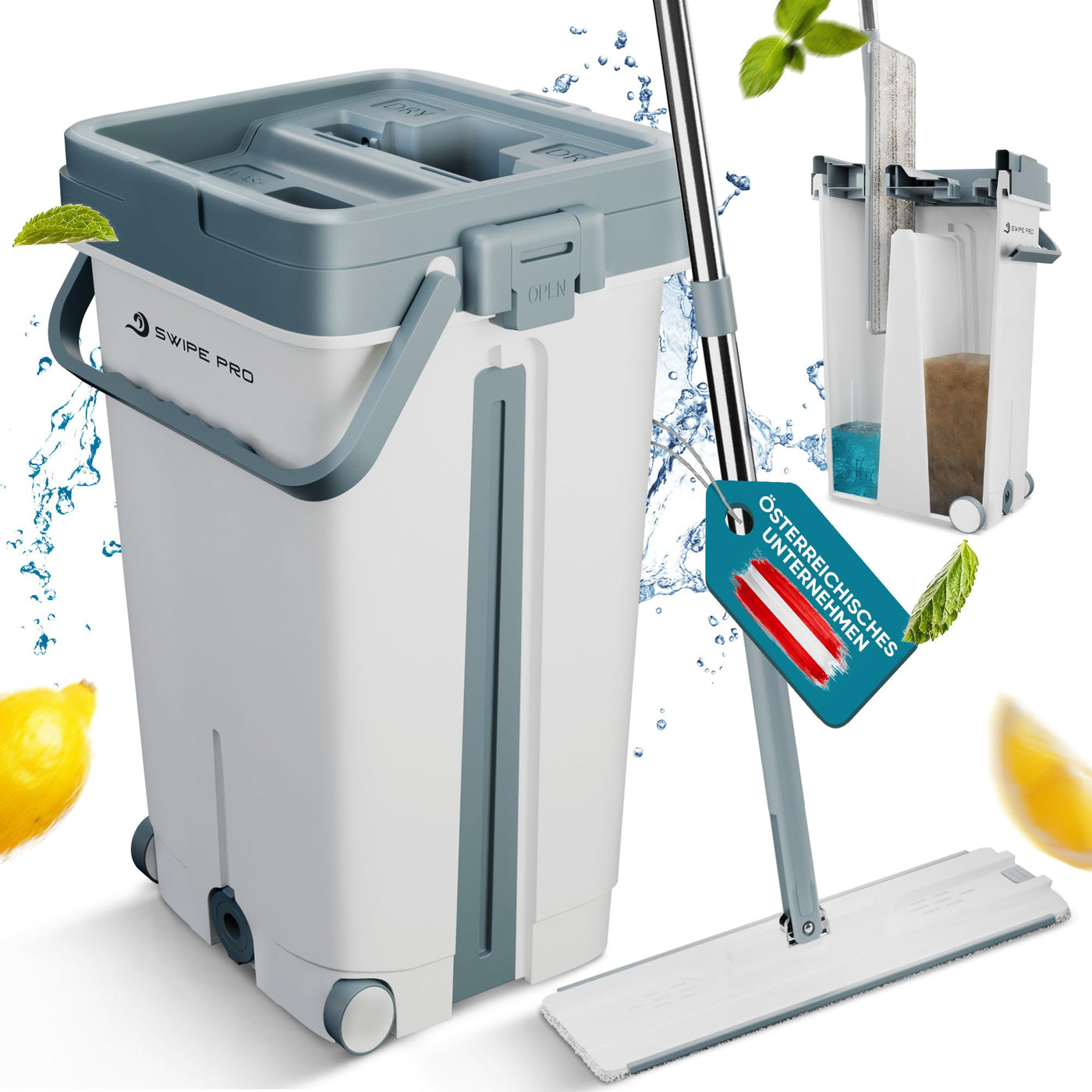 SWIPE PRO Wischmopp Set mit Eimer [ROLLENFUNKTION] - 2 Kammer-System - ABFLUSSVENTILE - einfache Auswringfunktion - 2 Stück waschbare Microfaserpads - für Jede Bodenart - Jetzt Bilder ansehen!