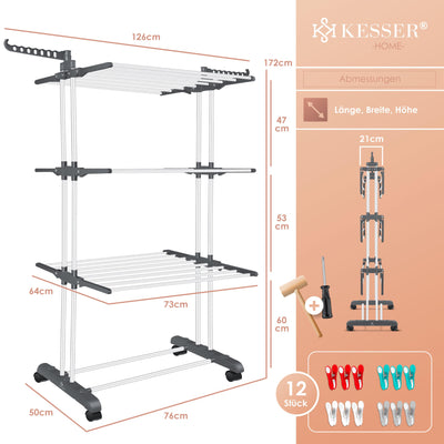 KESSER® Wäscheständer-Turm mit Rädern Platzsparender Wäschetrockner für Innen & Außen 4-Etagen 2 drehbare Seitenflügel und 6 klappbare Ebenen Standtrockner Wäscheturm Zusammenklappbar Weiß/Anthrazit